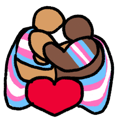 two figures embracing with a red love heart below them and a trans flag draped over both of them, centred below the heart like a banner. the figure on the left is taller and has light brown skin and a trans flag colored binder. the figure on the right is fatter and has medium brown skin and a trans flag colored strip on their shoulder.